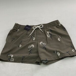 Club Monaco Olive Green Floral Swim Shorts with White Drawstring
